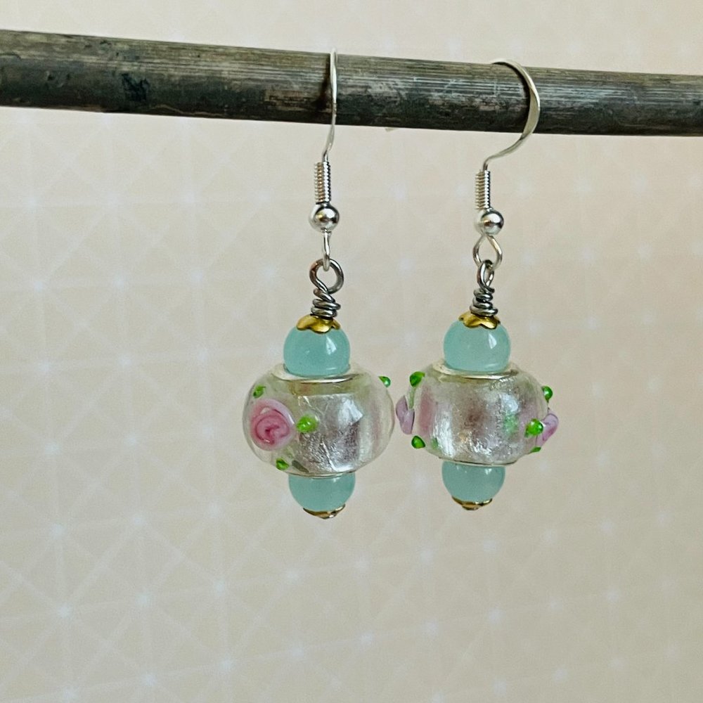 Artisan Elegant Lampwork Beaded Drop Dangle Pierced Earrings 1 ½” NEW